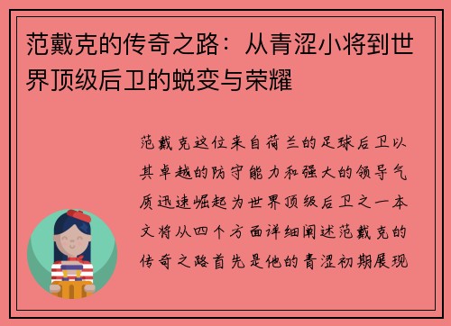范戴克的传奇之路：从青涩小将到世界顶级后卫的蜕变与荣耀